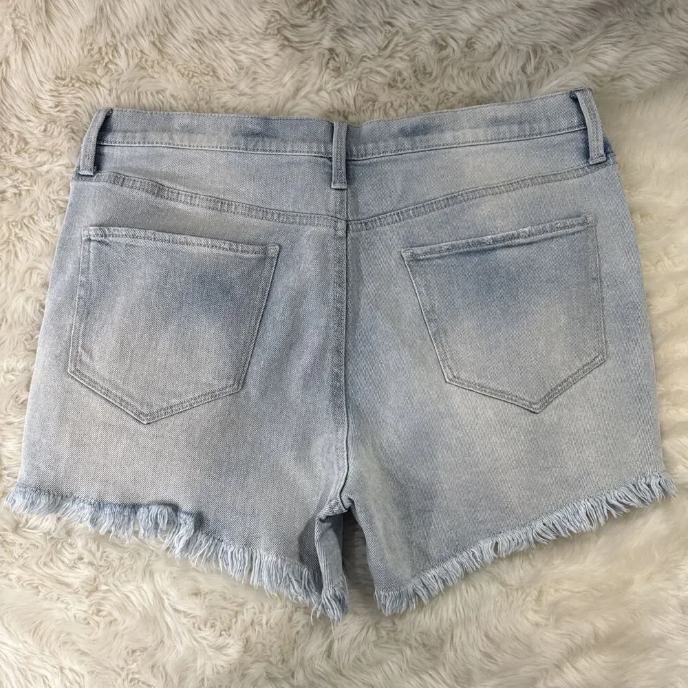 Mudd High Rise Midi Shorts 17 (W36 Inseam 3.5) Blue Distress Fray Crochet Junior